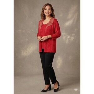 Ruby Rd. Red Sparkle Sweater. 2Fer. Beaded. Size  L